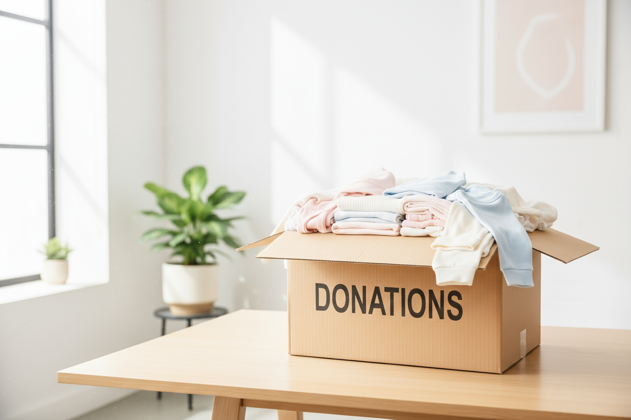 Baby clothes nicely folded inside a box. The box says DONATIONS on its side. The box should be on a table top in a modern room, to the right of the image.