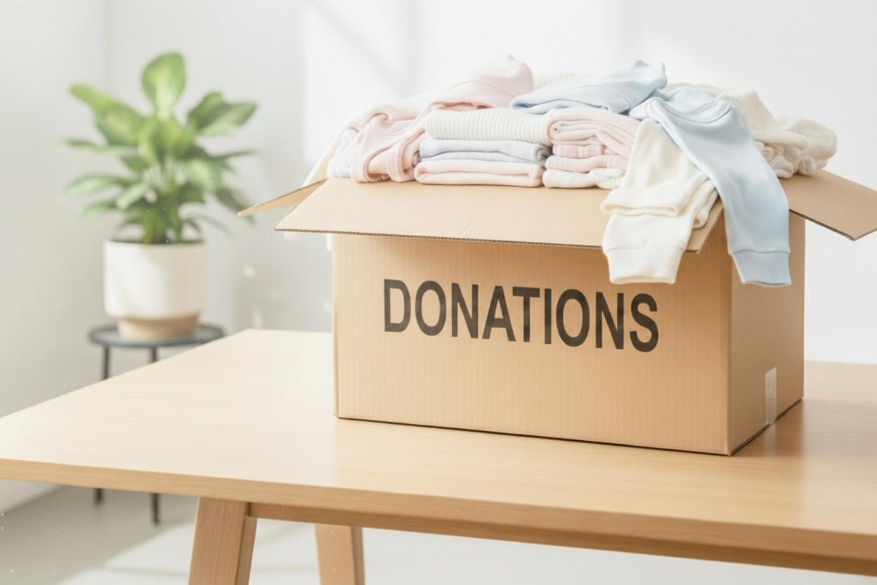 Cardboard box labelled 'Donations' filled with folded premature baby clothes on a wooden table.