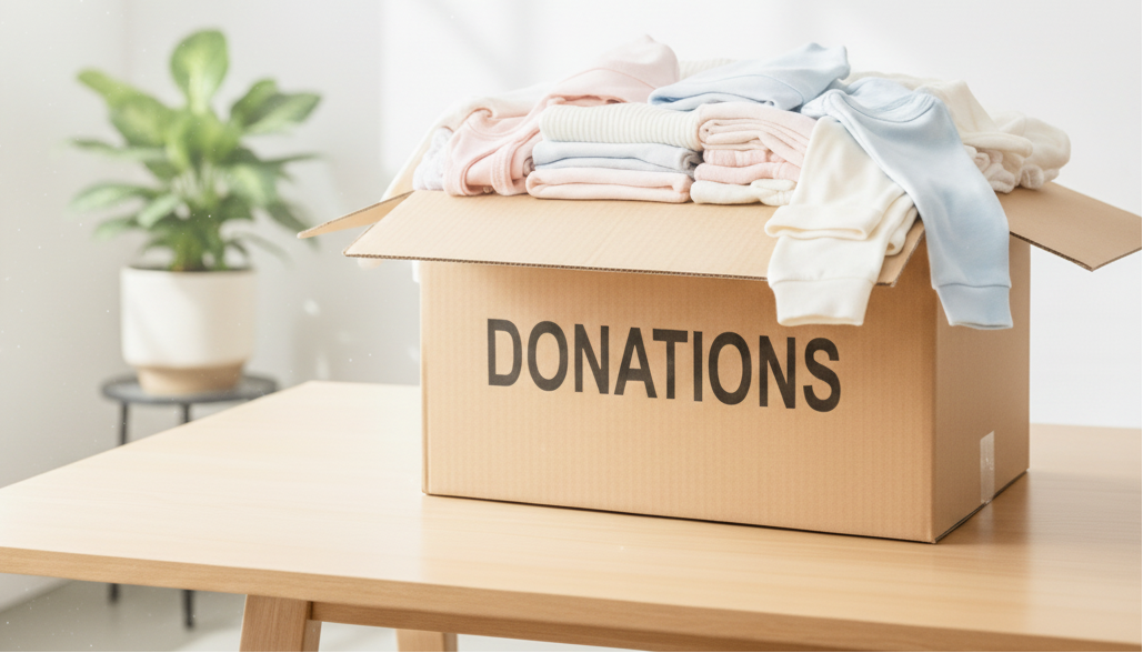 Cardboard box labeled 'Donations' filled with clothes on a table indoors.