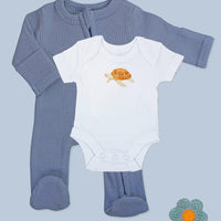Blue zipped Sleepsuit & Turtle Motif Bodysuit Set. Sleepsuit / Babygrow Little Dreamer 