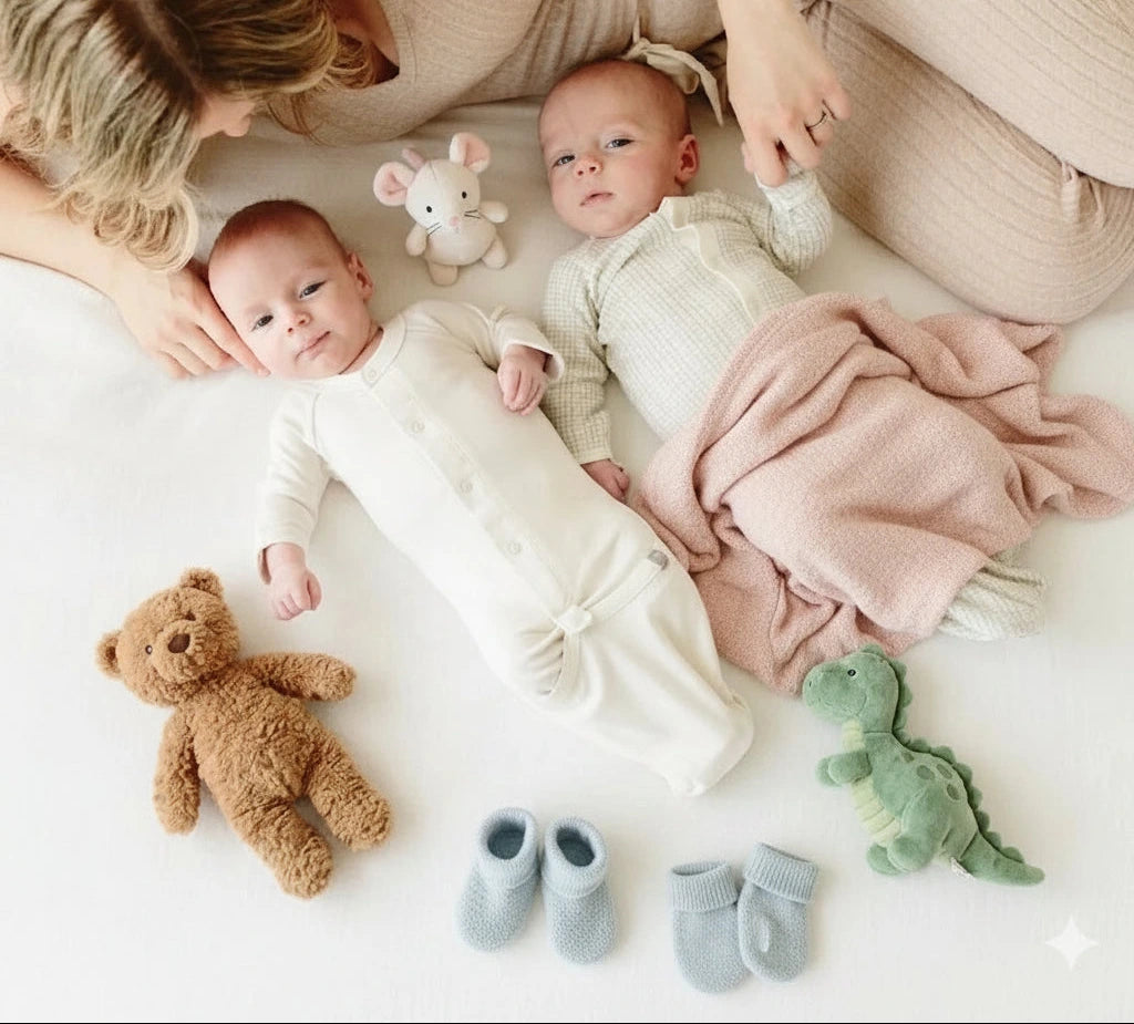 Two newborn babies lying on a white blanket, wearing soft knit swaddle and long-sleeve bodysuit styles. A woman in beige loungewear is lying beside them, holding their hands.