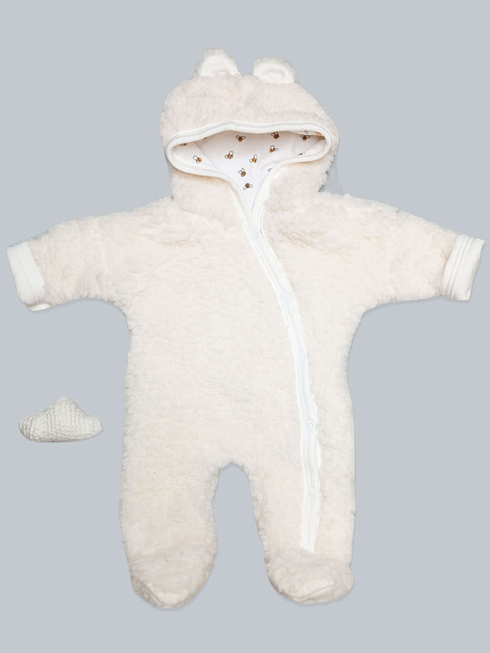 Tiny Baby Pramsuit - Fluffy Cream with Busy Bee Fabric Hood