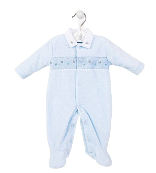 Blue star velour smocked sleepsuit Dandelion