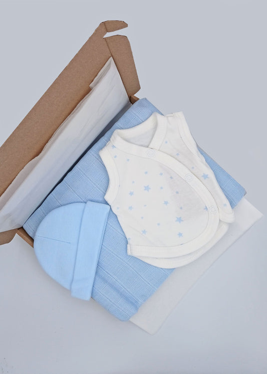 Blue Stars Gift Box - Incubator Vest, Hat & Muslin Little Mouse Baby Clothing & Gifts