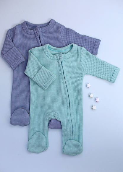 2 Pack Waffle Sleepsuits, Zip, Mitts, Feet - Blue/Mint Sleepsuit / Babygrow Little Dreamer 