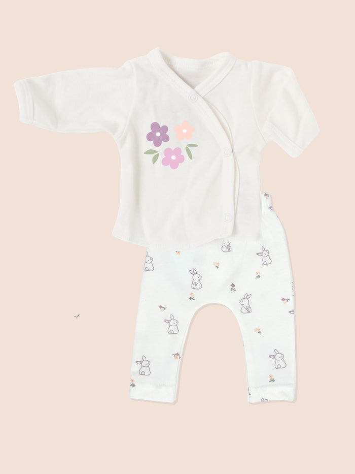 Organic Cotton Premature Baby Wrap Top & Trouser Set - Flower Bunny