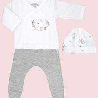 Flower Bunny 100% Cotton Premature Top, Trouser & Hat Set - Grey or Pink Trousers