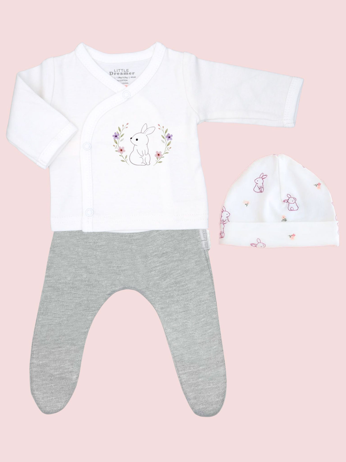 Flower Bunny 100% Cotton Premature Top, Trouser & Hat Set - Grey or Pink Trousers