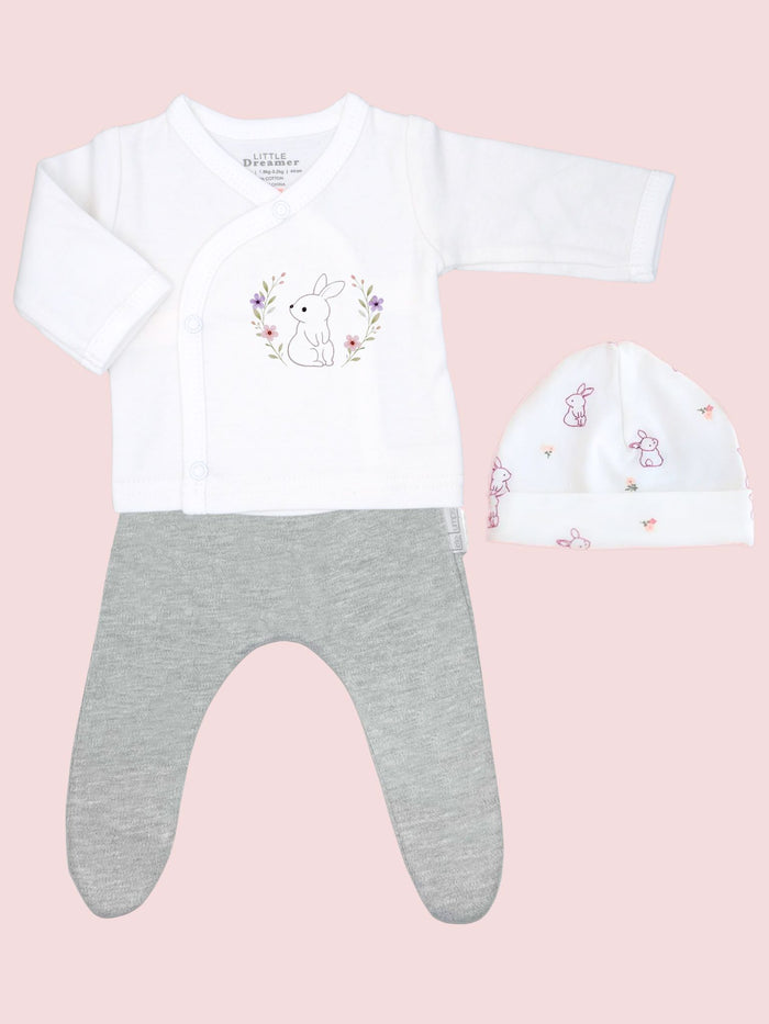 Flower Bunny 100% Cotton Premature Top, Trouser & Hat Set - Grey or Pink Trousers