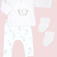 Premature Baby Wrap Top, Trouser & Socks Set - Flower Bunny
