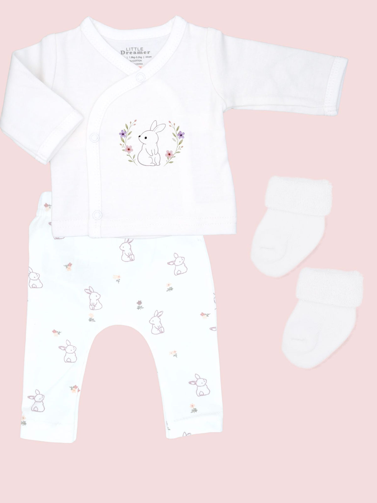 Premature Baby Wrap Top, Trouser & Socks Set - Flower Bunny