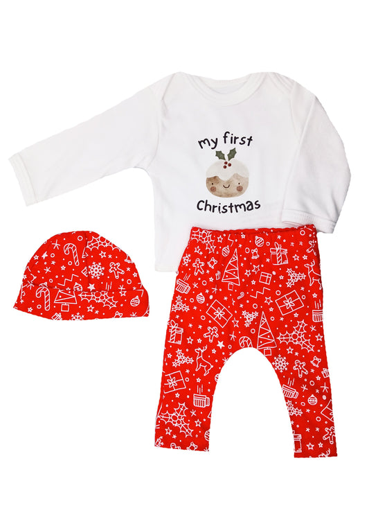 Festive outfit: Leggings, Top & Round Hat, Premium 100% Organic Cotton Set Tiny & Small 
