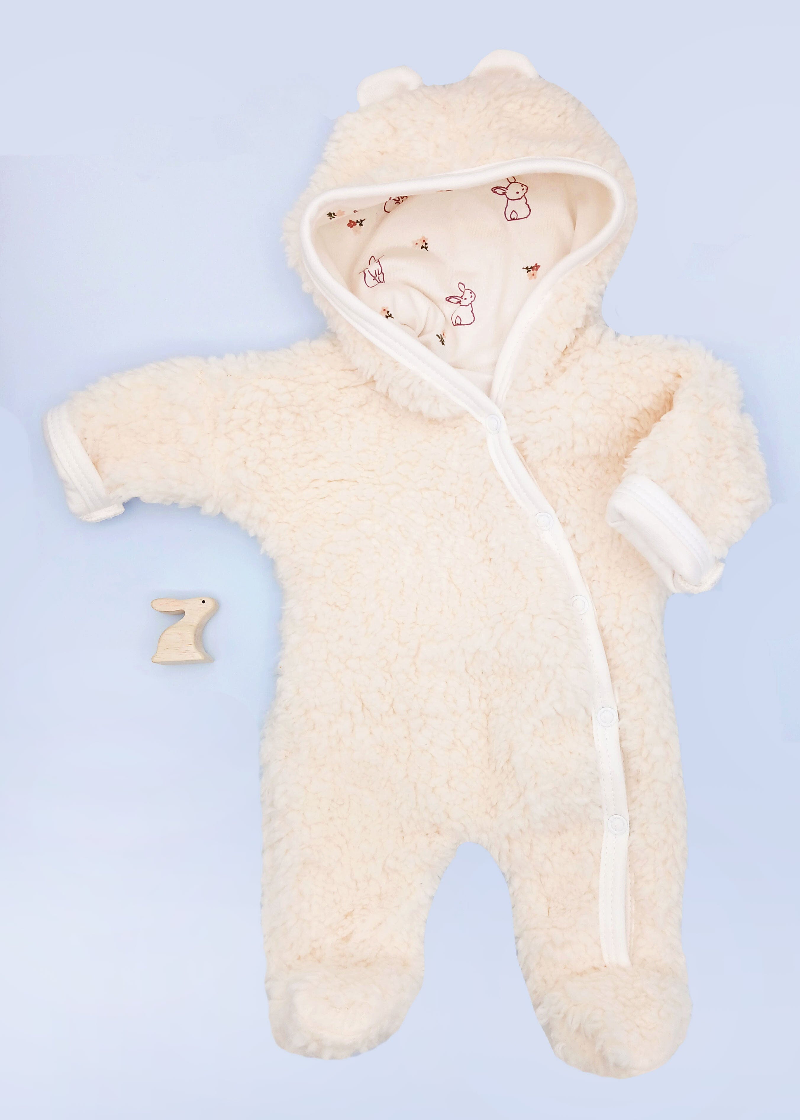 Tiny & Small Fluffy Pramsuit - Cream with Rabbit Fabric Hood Tiny & Small