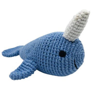 A blue crocheted narwhal plush toy with a white horn and a small black eye, shown on a plain white background. Perfect for a premature baby gift 