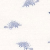 White fabric with a repeating pattern of small blue dinosaurs.