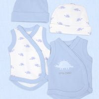 A baby clothing set laid flat on a light blue textured background, including a light blue beanie, a white beanie with small purple dinosaur prints, a white wrap bodysuit with light blue trim and dinosaur prints, and a light blue wrap bodysuit with a white dinosaur graphic and the words 'little DINO'.