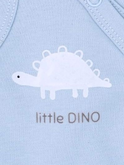 Close-up of a light blue baby garment featuring a white dinosaur silhouette and the text 'little DINO' printed below.