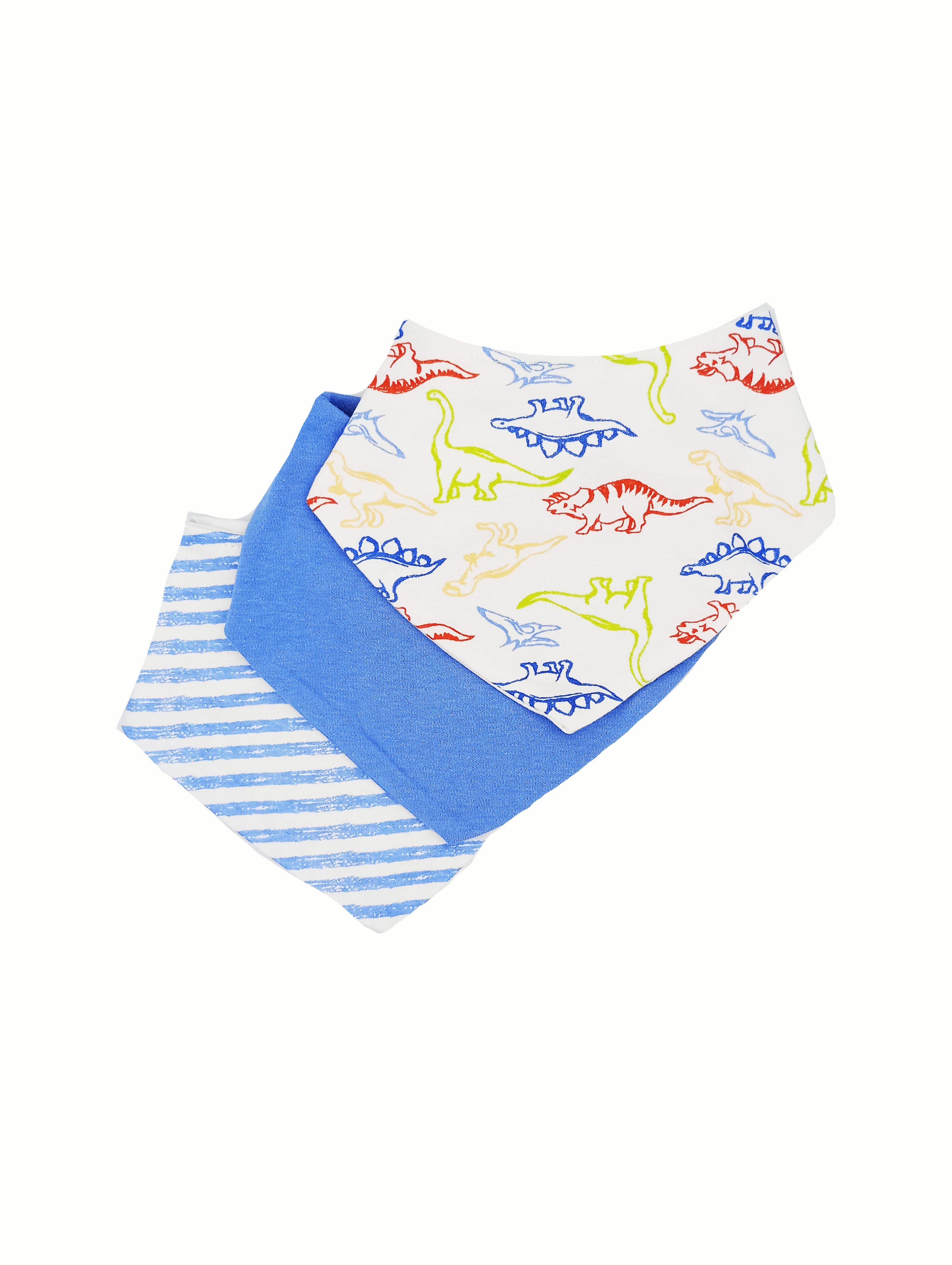3 Pack Bandana Bibs - Blue/White Stripe and Dinosaur Print - Dribble Bib - Soft Touch