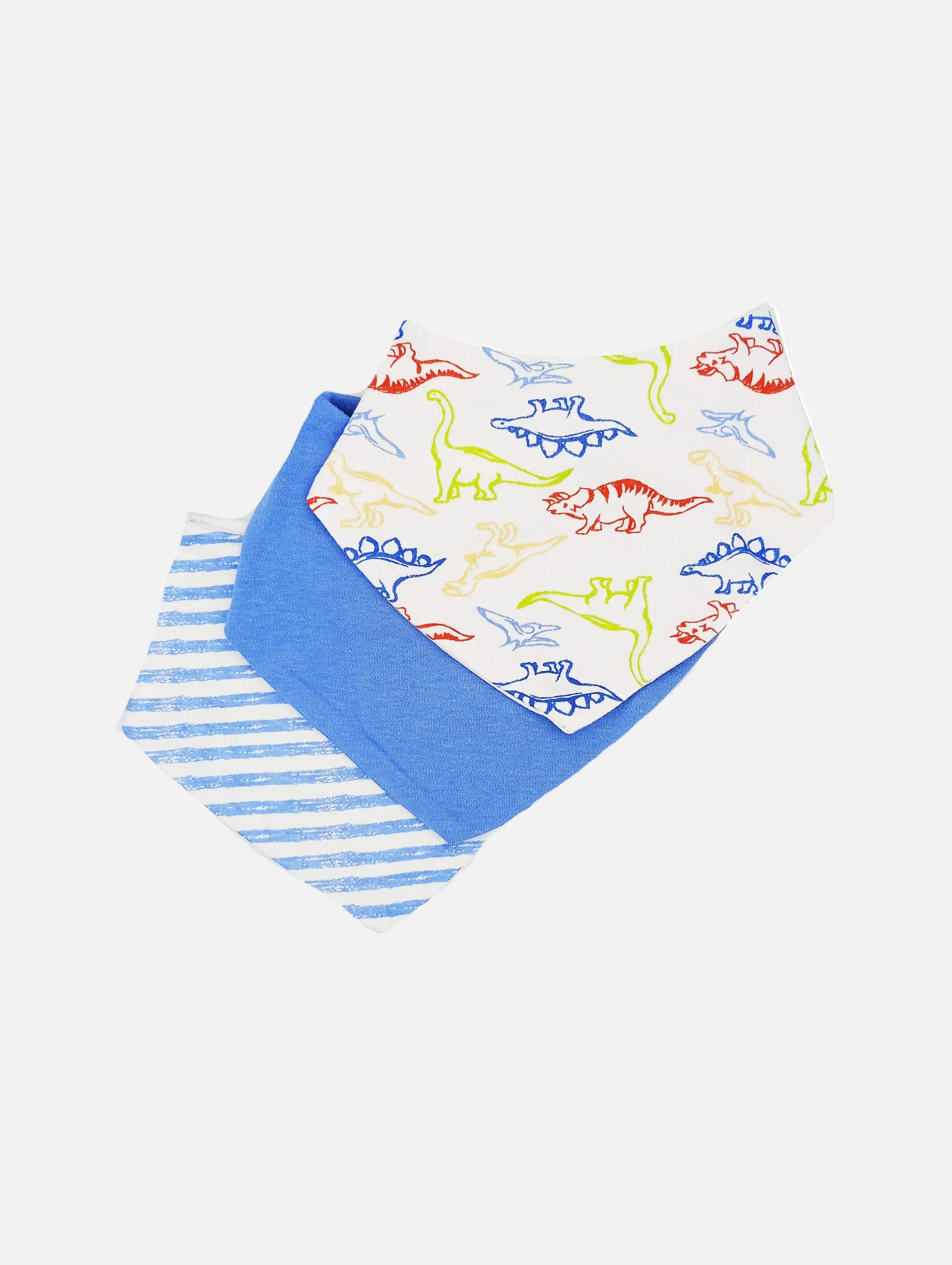 3 Pack Bandana Bibs - Blue/White Stripe and Dinosaur Print Dribble Bib Soft Touch 