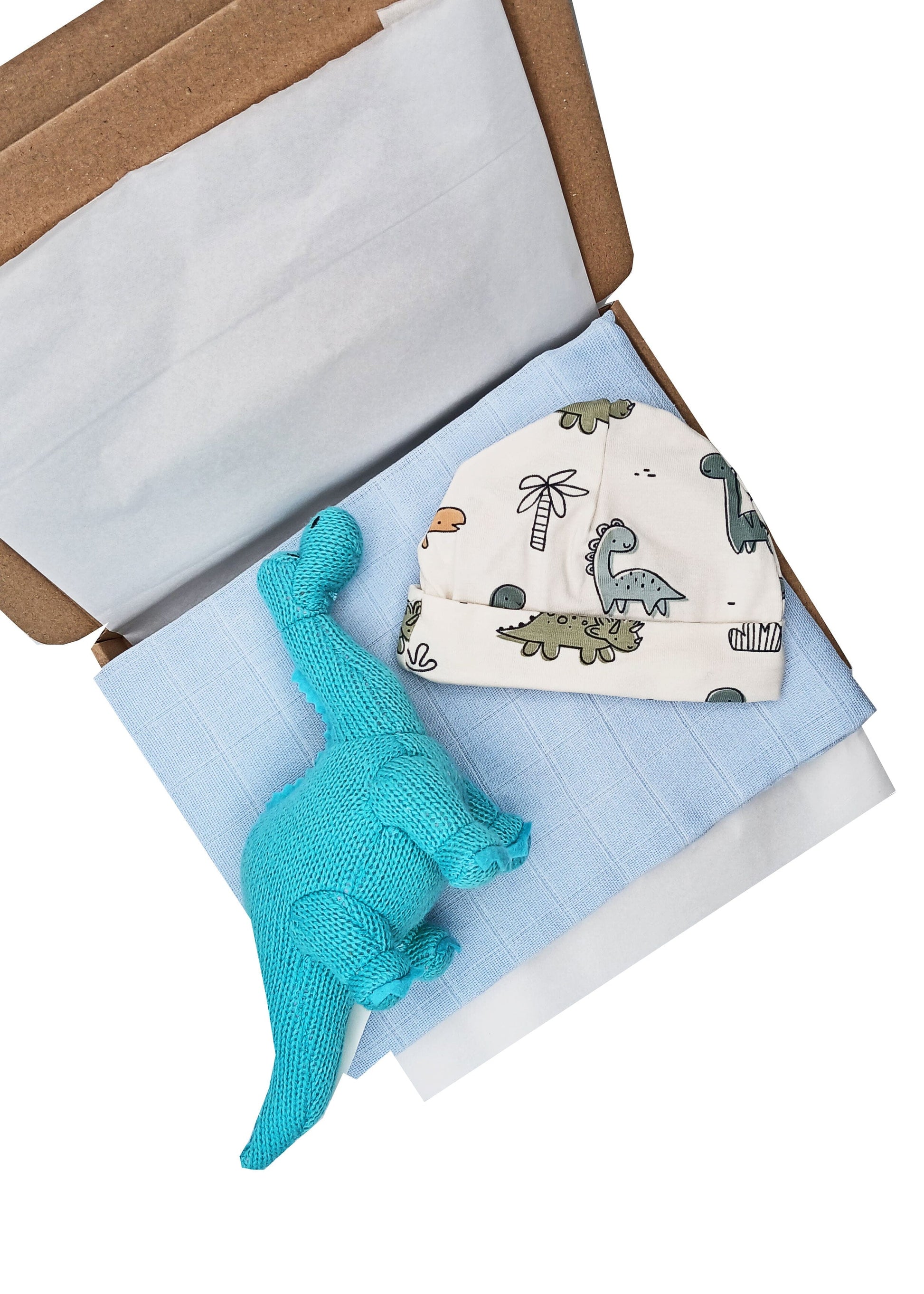 Diplodocus Gift Box - Hat, Muslin and Toy Little Mouse Baby Clothing and Gifts Ltd 