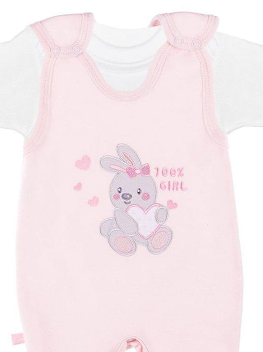 Early Baby Top & Bunny Footed Dungarees Set - Pink EEVI