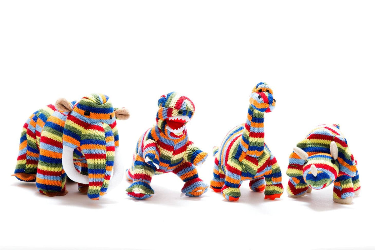 Dinosaur Baby Rattle - Knitted Woolly Mammoth Rainbow Stripe
