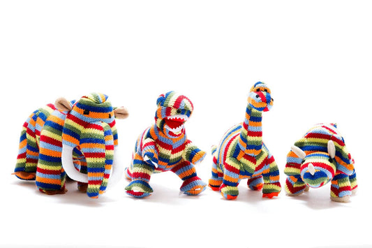 Dinosaur Baby Rattle - Knitted Woolly Mammoth Rainbow Stripe