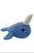 A blue crocheted narwhal plush toy with a white horn and small black eyes, shown on a plain white background.