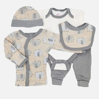 Elephant Print 5 Piece Set - Vest, Top, Trousers, Bib & Hat Outift Soft Touch 