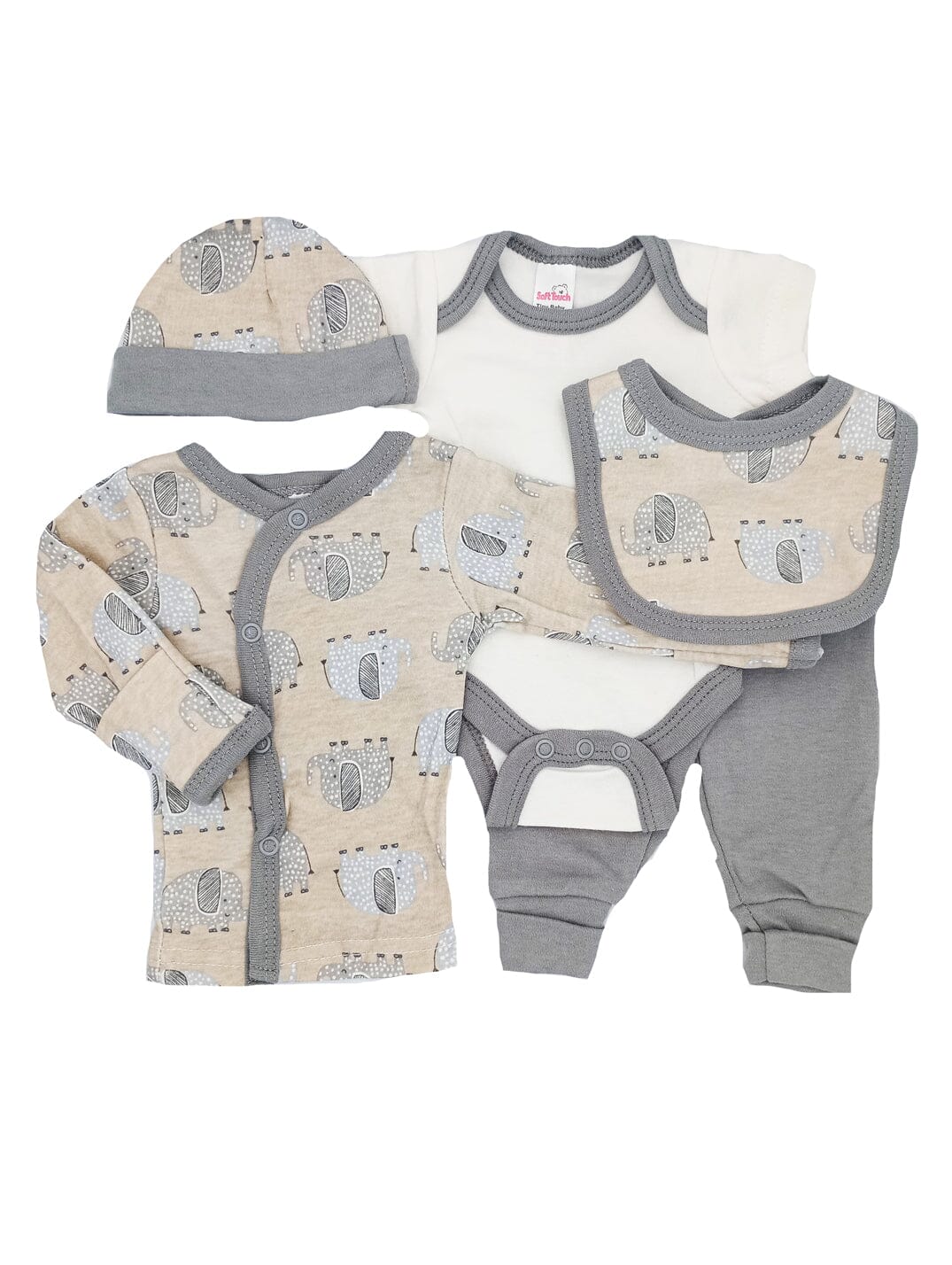 Elephant Print 5 piece set - Vest, Top, Trousers, Bib & Hat (4-7lbs) - Set - Soft Touch