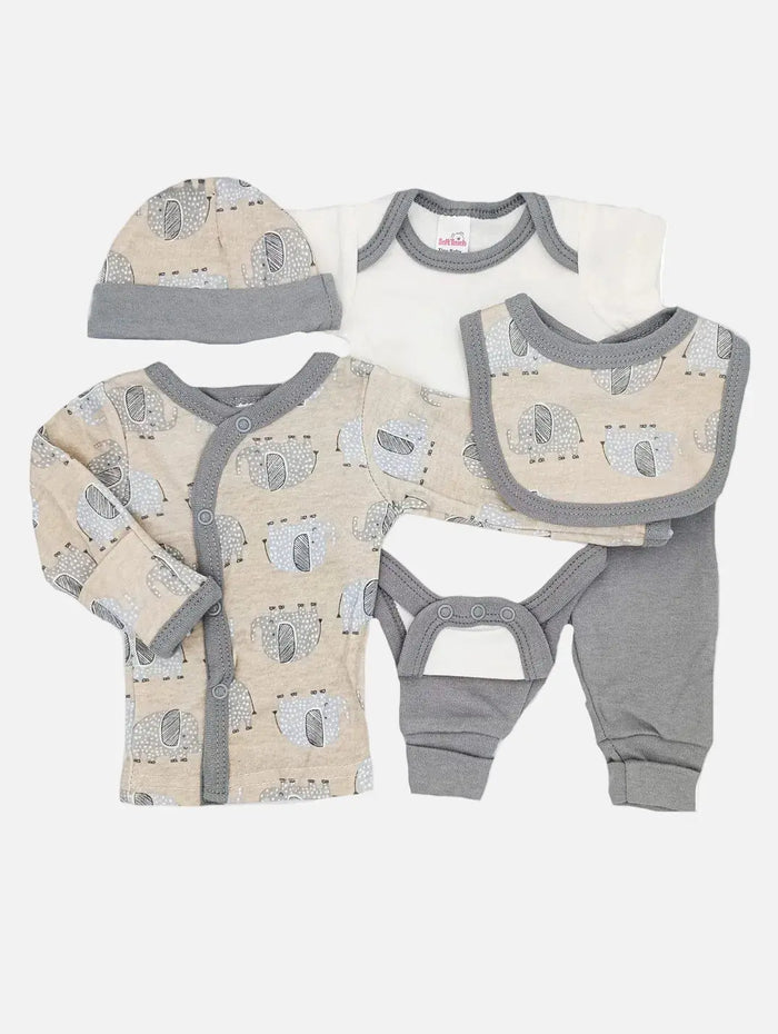 Elephant Print 5 Piece Set - Vest, Top, Trousers, Bib & Hat