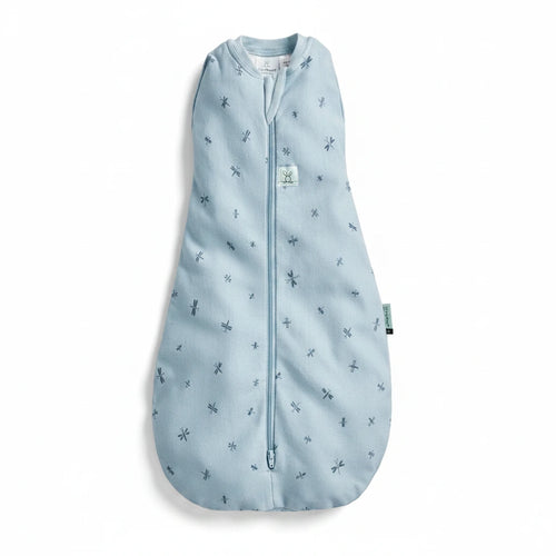Baby sleeping bag with dragonfly pattern on a white background
