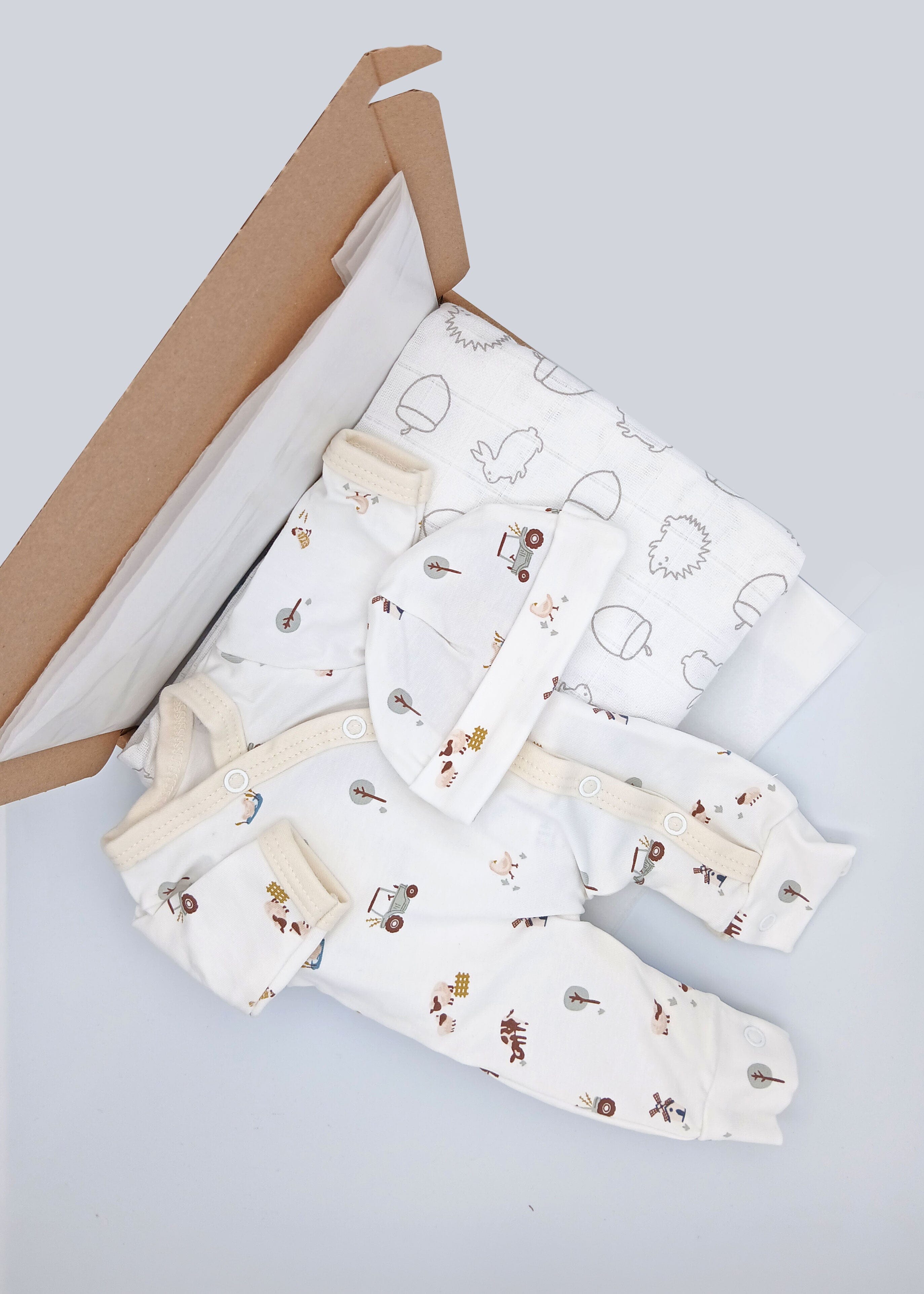 Farm Time Gift Box - Sleepsuit, Hat & Muslin Little Mouse Baby Clothing & Gifts