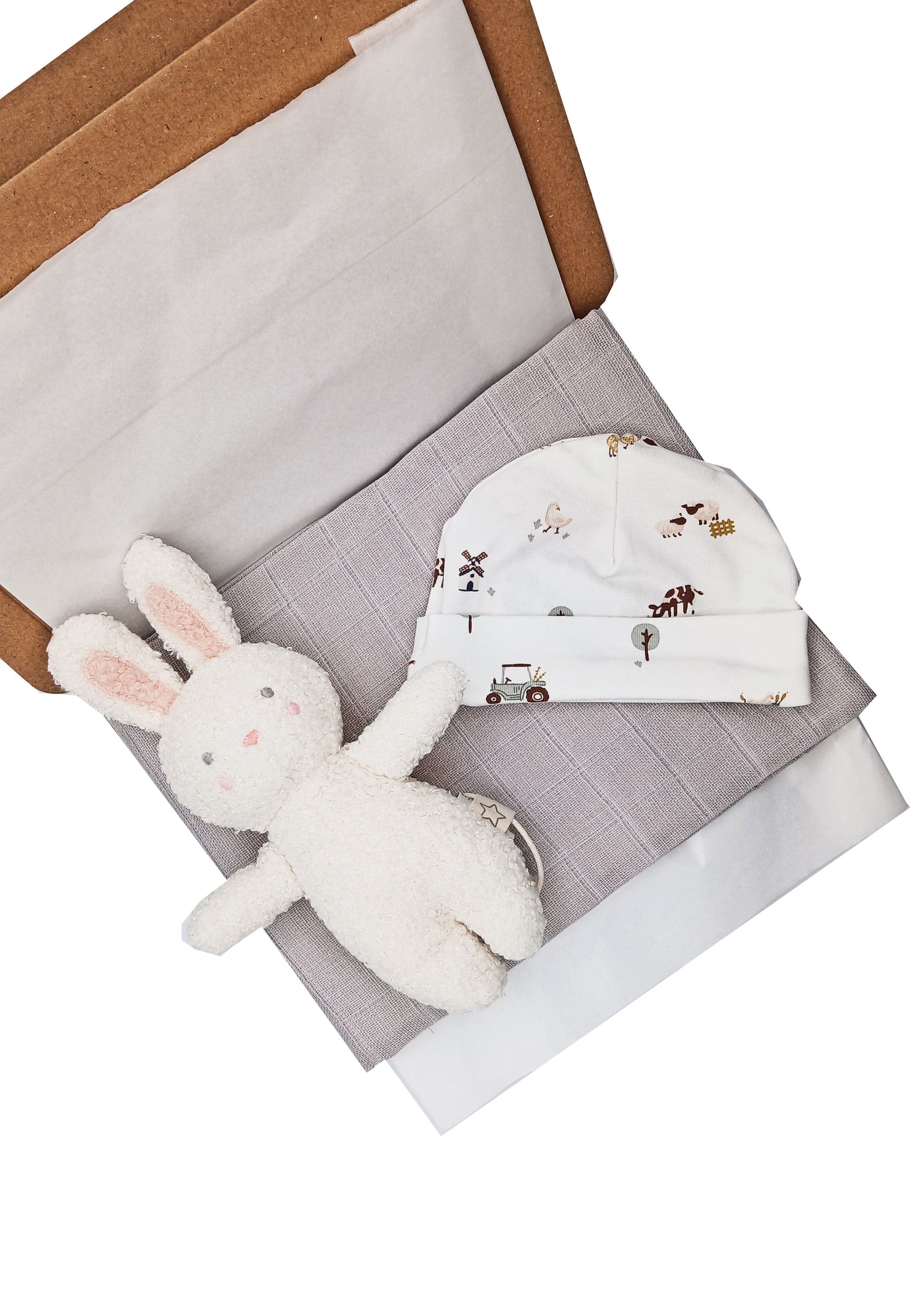 Farmyard Rabbit Gift Box - Hat, Muslin and Rattle Little Mouse Baby Clothing and Gifts Ltd 