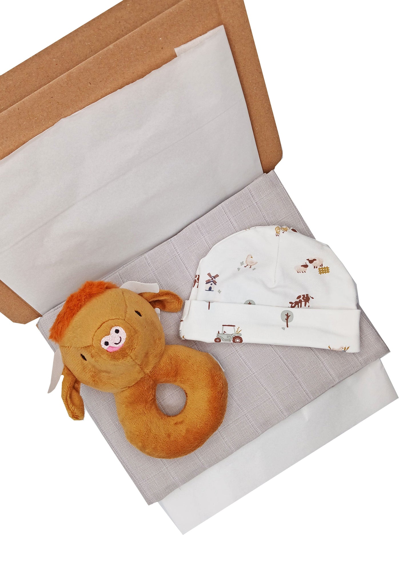 Farmyard Cow Gift Box - Hat, Muslin and Rattle Little Mouse Baby Clothing and Gifts Ltd 