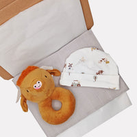 Farmyard Cow Gift Box - Hat, Muslin and Rattle Little Mouse Baby Clothing & Gifts