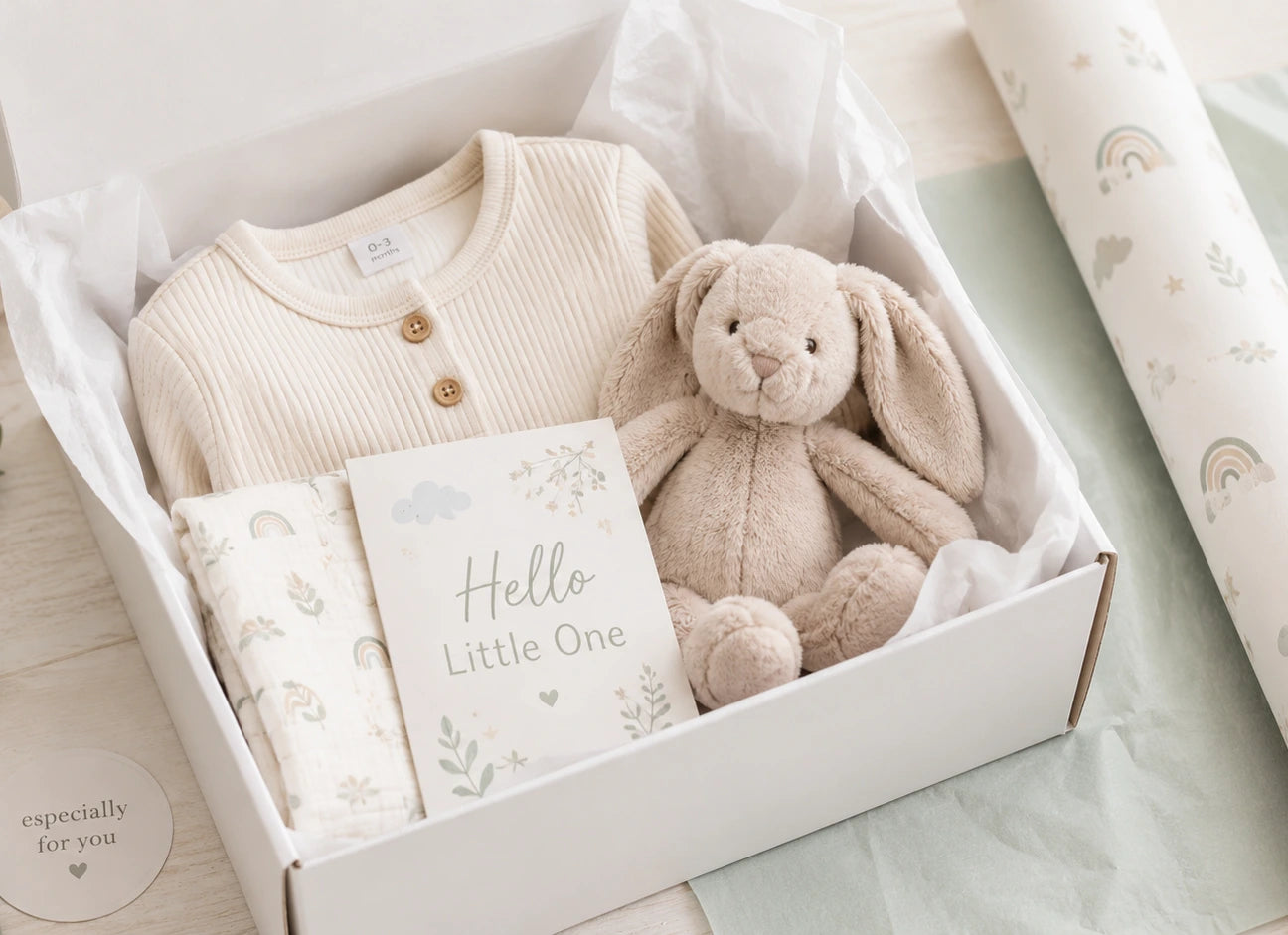 Baby gift set with cardigan, blanket, and teddy bear in a box on a light background
