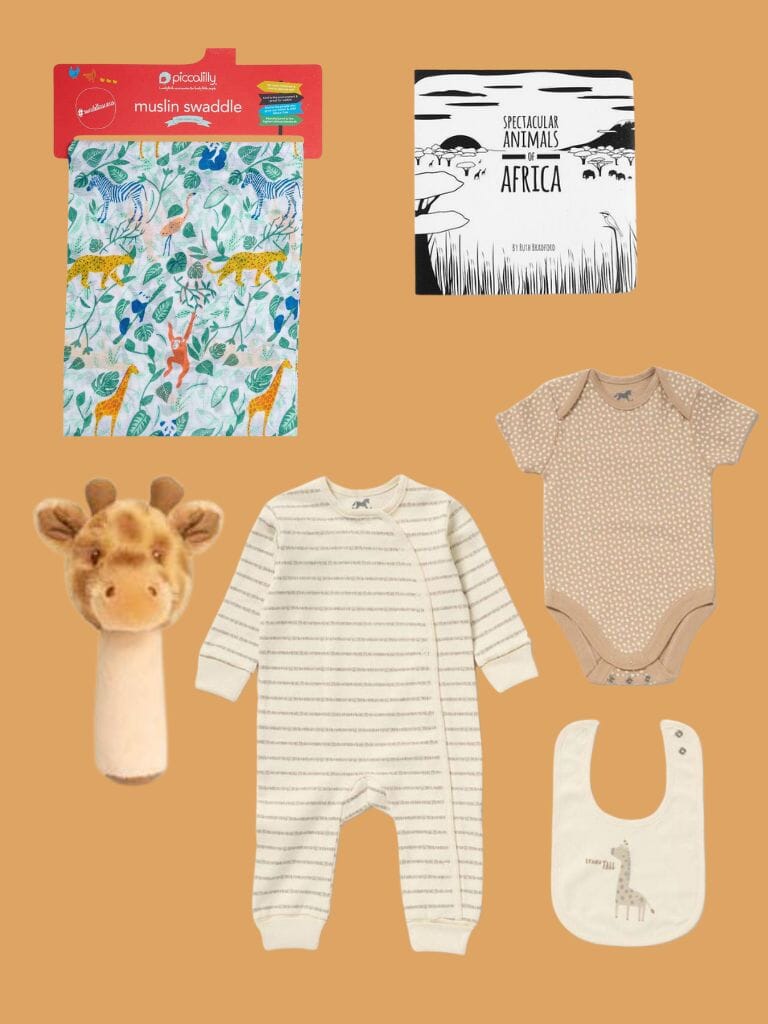 Animals of Africa Baby gift Set - Rattle, Muslin, Book & Outfit Gift Set Little Mouse Baby Clothing & Gifts 