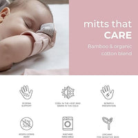 Baby wearing a soft, textured glove with text about bamboo and organic cotton gloves.
