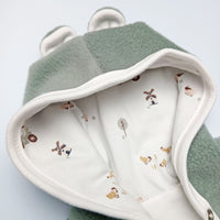 Premature Baby Pramsuit - Green Fleece with Farmyard Fabric Hood Tiny & Small