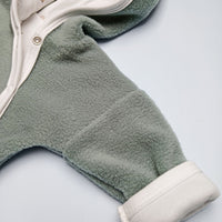 Premature Baby Pramsuit - Green Fleece with Farmyard Fabric Hood Tiny & Small