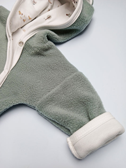 Tiny & Small Fleece Pramsuit - Green with Farmyard Fabric Hood Snowsuit / Pramsuit Tiny & Small 
