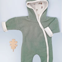 Premature Baby Pramsuit - Green Fleece with Farmyard Fabric Hood Tiny & Small