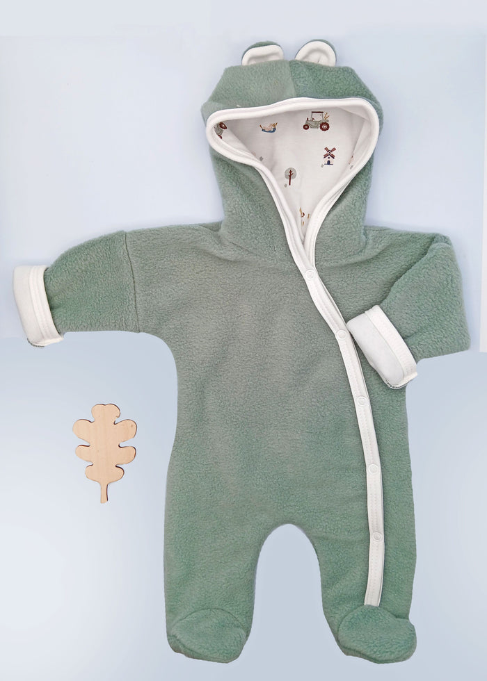 Premature Baby Pramsuit - Green Fleece with Farmyard Fabric Hood