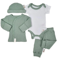 4 piece set - Vest, Top, Trousers & Hat - Sage Green & White Set Soft Touch 