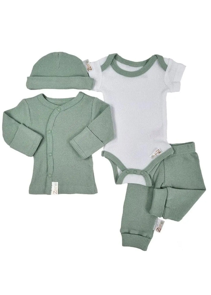 4 piece set - Vest, Top, Trousers & Hat - Sage Green & White