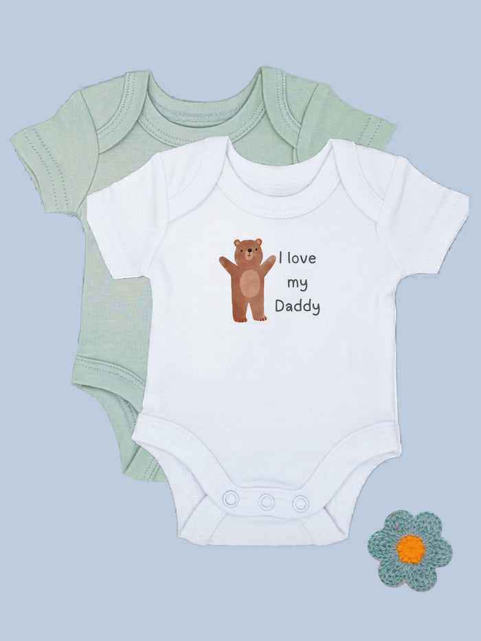 'I love Daddy' Teddy Motif White Bodysuit & Plain Sage Bodysuit Set