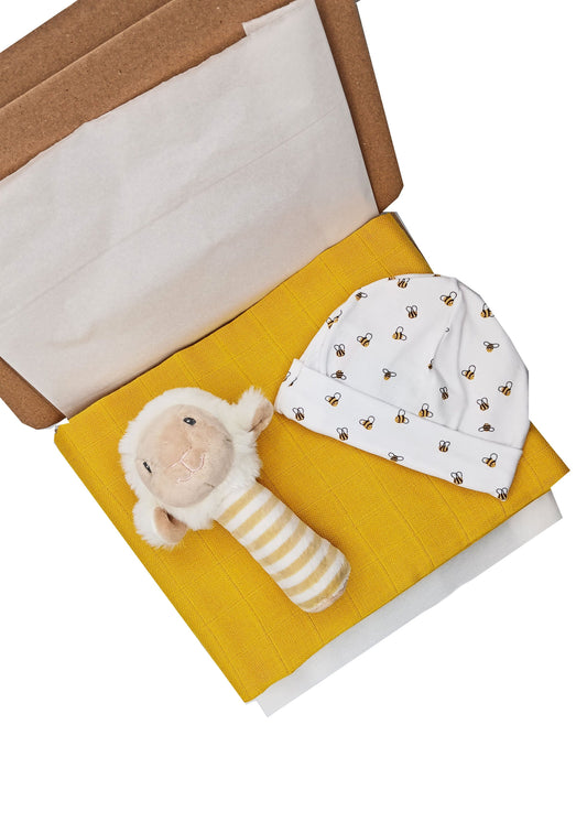 The Lamb and The Bees Gift Box - Hat, Muslin and Rattle Little Mouse Baby Clothing and Gifts Ltd 