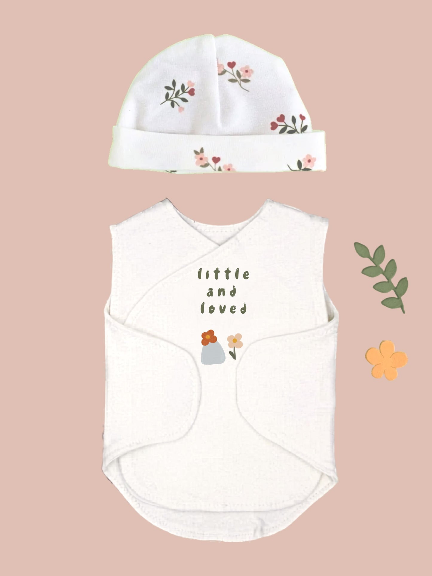 Organic Cotton Hat & Incubator Vest Set with 'Little and Loved' Flower Print. Bodysuit / Vest Little Dreamer 