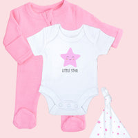 Bright Pink Zipped Sleepsuit, 'Little Star' Motif Bodysuit, Pink Star Hat and Socks Set. Set Little Dreamer 